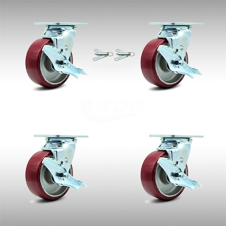 5 Inch SS Poly On Aluminum Caster Set With Ball Bearings 4 Brake 2 Swivel Lock